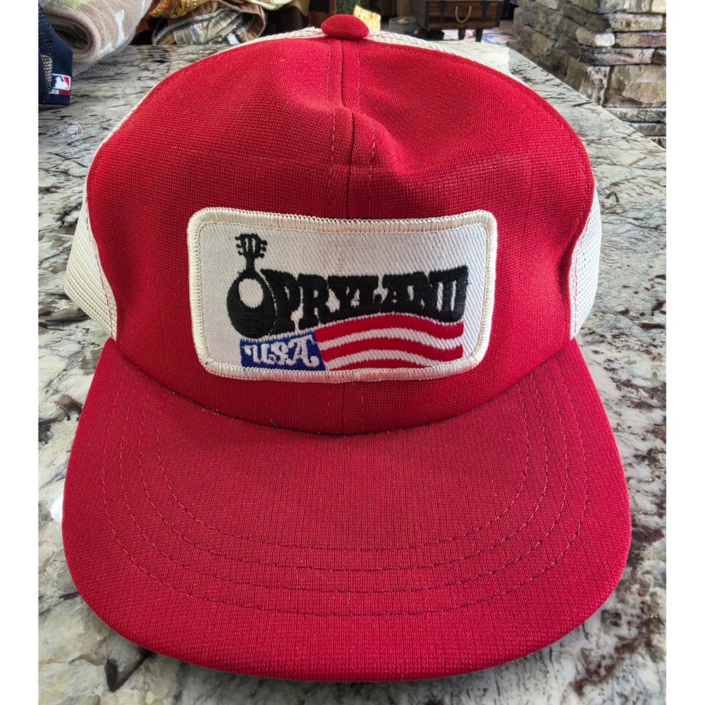 Vintage Opryland USA Trucker Hat Red White Mesh Snapback Nashville TN Cap M/L